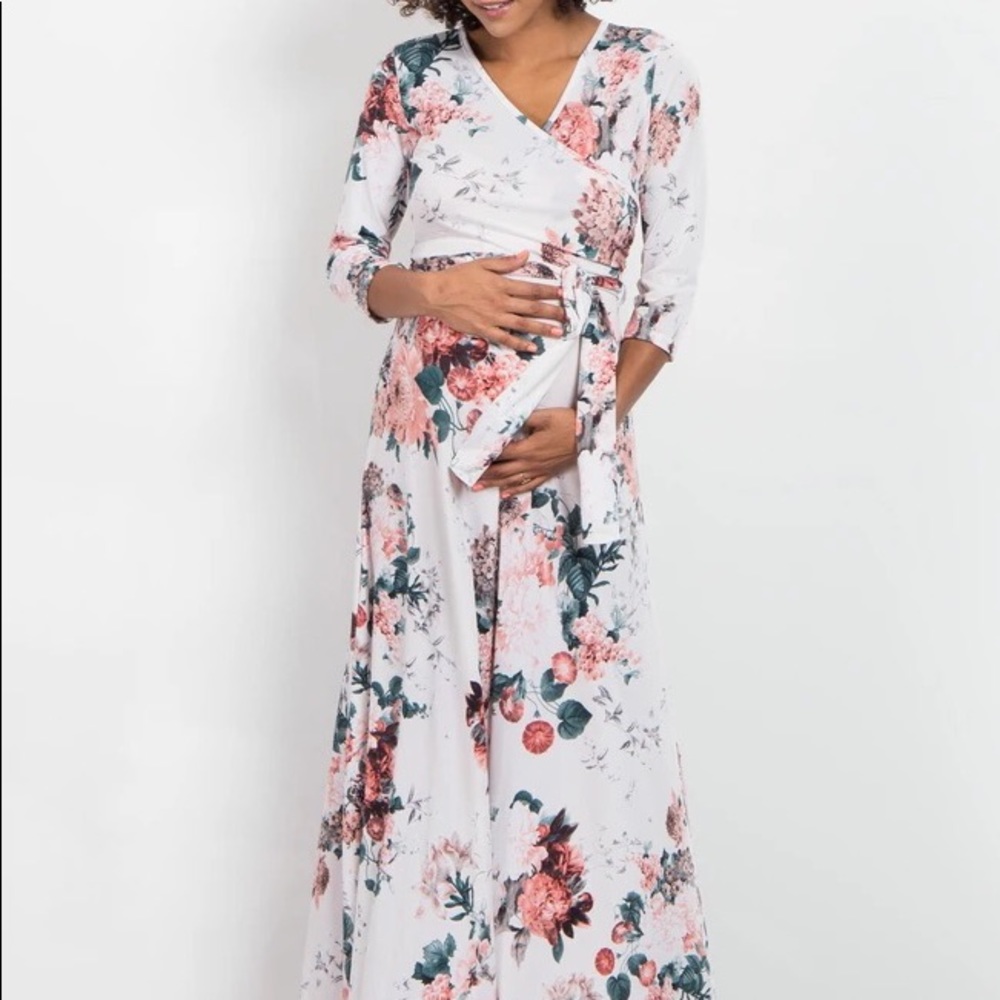 Ivory floral sash tie wrap dress